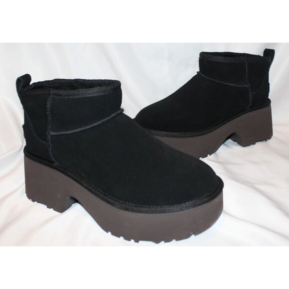 UGG WOMEN NEW HEIGHTS ULTRA MINI PLATFORM SUEDE‎ SHEARLING LINED BOOTS BLACK - Picture 2 of 7